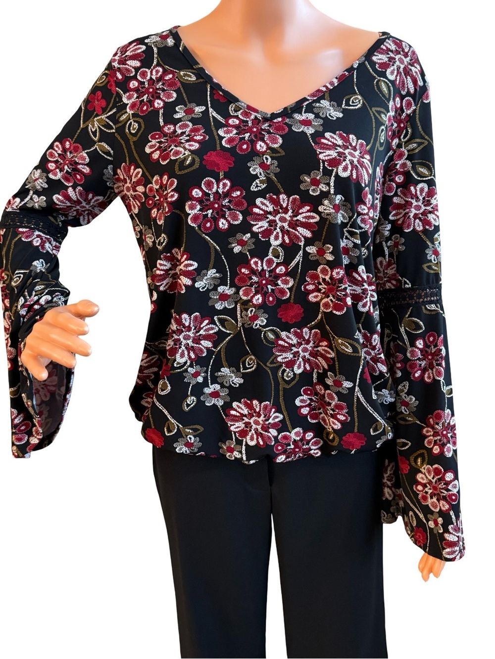 SJS Black Floral V-Neck Bell Sleeve Blouse with Pink & Gold Embroidery